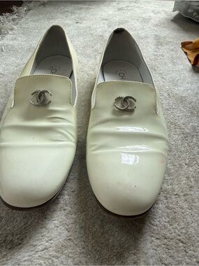 CHANEL Ivory Patent Leather Loafers with Silver CC Logos